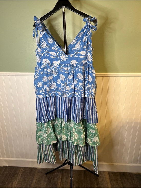 pomegranate Dresses & Skirts - NWOT- Pomegranate Tiered Cotton Tie-Shoulder Dress in Blue and Green. Size M